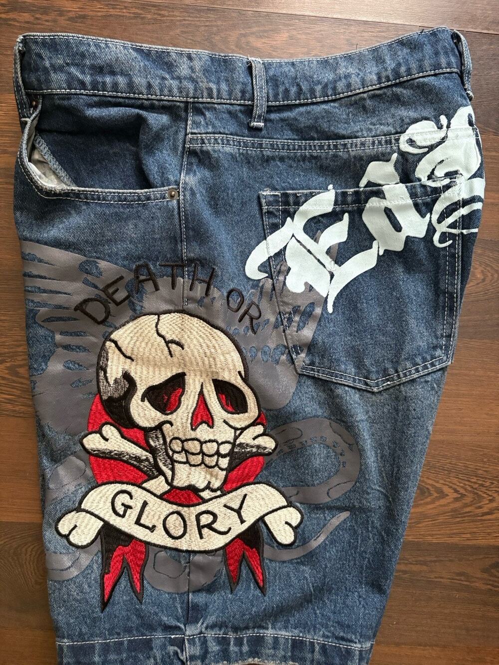 Ed Hardy Death or Glory Skull Denim Skater Shorts 36